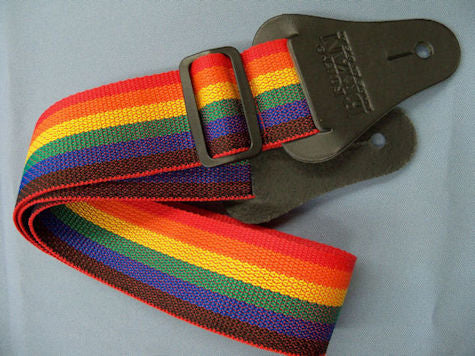 An adjustable Nylon Strap - Rainbow with notched ends and a metal buckle.