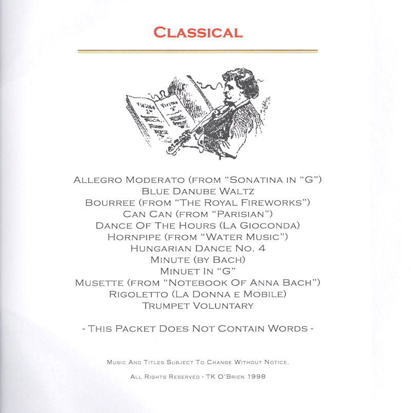 The cover of a Classical Lap Harp Packet with a picture of a woman playing a violin.
