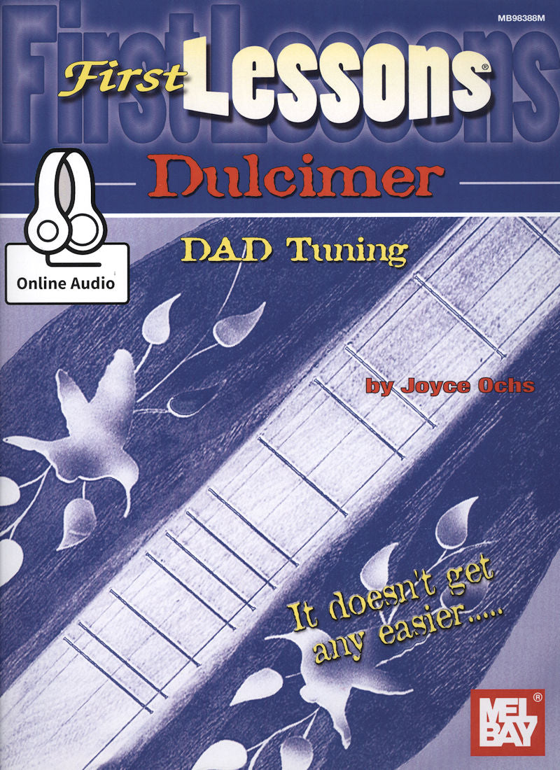 Cover of the 'First Lessons Dulcimer DAD Tuning by Joyce Ochs' instruction book with a close-up image of a dulcimer and notations for online.