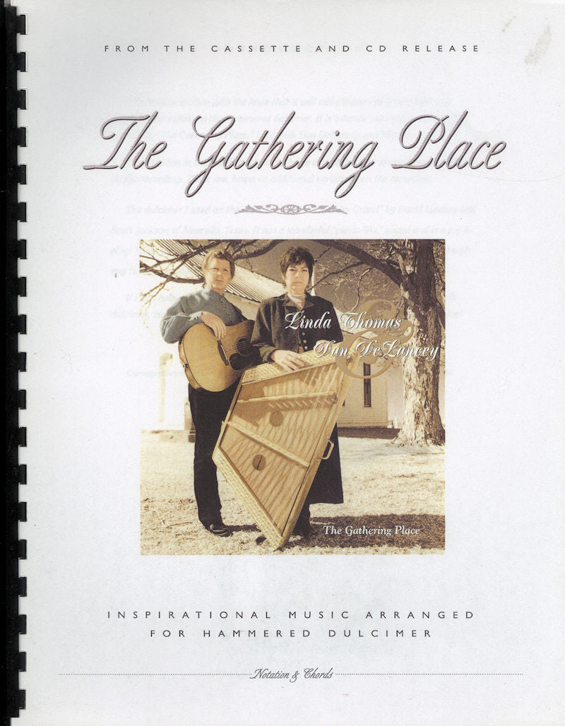 Cover of "Gathering Place" music album featuring two musicians with a guitar and hammered dulcimer under a tree, titled "Inspirational Music Variations for Hammered Dulcimer" by Linda Thomas.