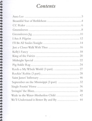 The contents of Standard and Bass Dulcimer Arrangements - by Larry Conger, a spiral bound book featuring arrangements for a dulcimer community, including downloadable audio tracks.
