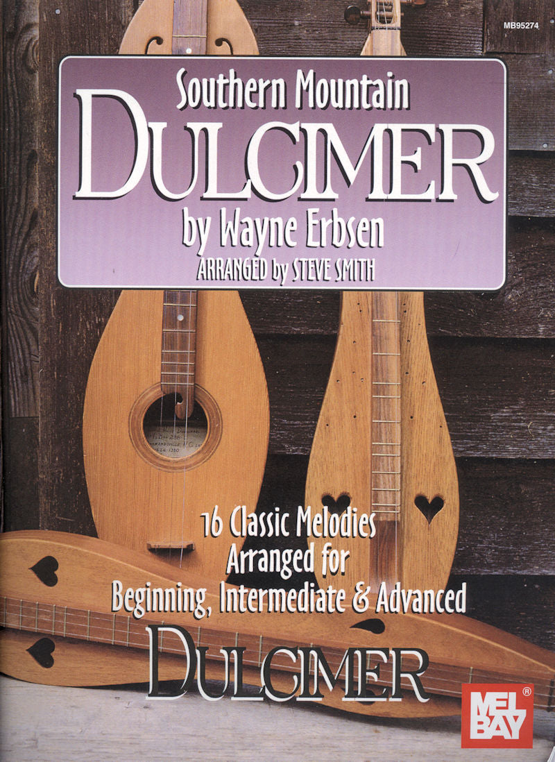 Southern Mountain Dulcimer by Wayne Erbsen music book featuring 16 classic tunes for various skill levels, displayed alongside two dulcimers.