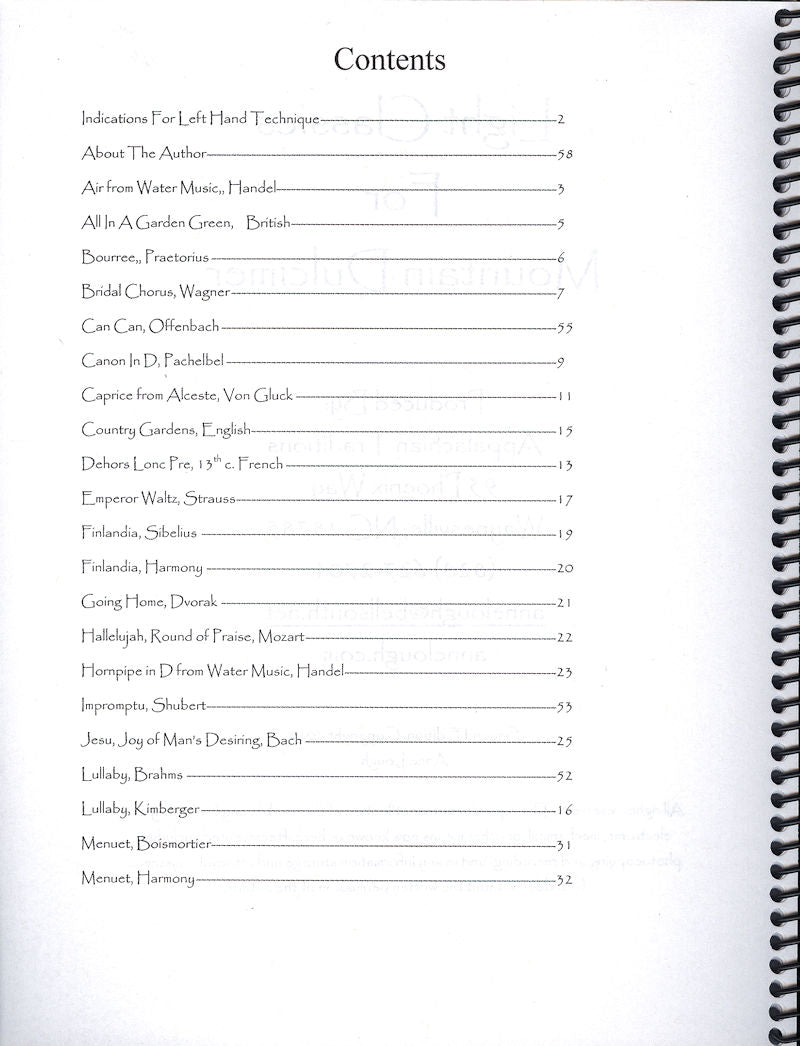 A printed table of contents page from Light Classics for Mountain Dulcimer by Anne Lough, listing various classical pieces with corresponding page numbers, some arranged for D-A-D tuning.