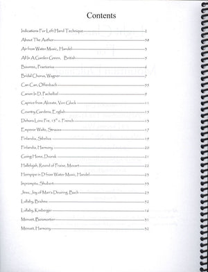 A printed table of contents page from Light Classics for Mountain Dulcimer by Anne Lough, listing various classical pieces with corresponding page numbers, some arranged for D-A-D tuning.