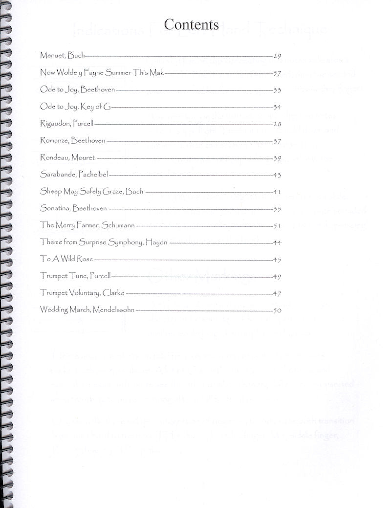 A page from Light Classics for Mountain Dulcimer by Anne Lough displaying various classical pieces and their corresponding page numbers.