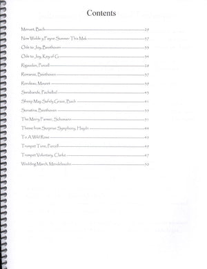 A page from Light Classics for Mountain Dulcimer by Anne Lough displaying various classical pieces and their corresponding page numbers.