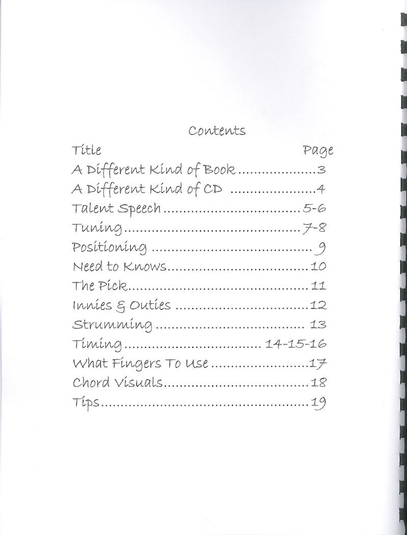 Table of contents handwritten on white paper listing titles like "Someone To Love Me (D-A-D)" and "D-A-D tuning," with corresponding page numbers.