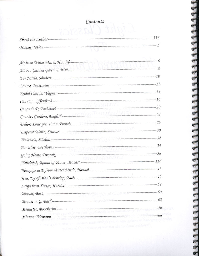 Table of contents from "Light Classics for Hammered Dulcimer" by Anne Lough, listing various classical melodies with corresponding page numbers, printed in black ink on white paper with a spiral binding visible on the left.