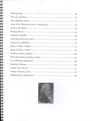 A printed page from "Light Classics for Hammered Dulcimer by Anne Lough" listing chapter titles and page numbers, featuring a small, grayscale image of a classical male portrait at the bottom, can be easily played on hammered dulcimer.