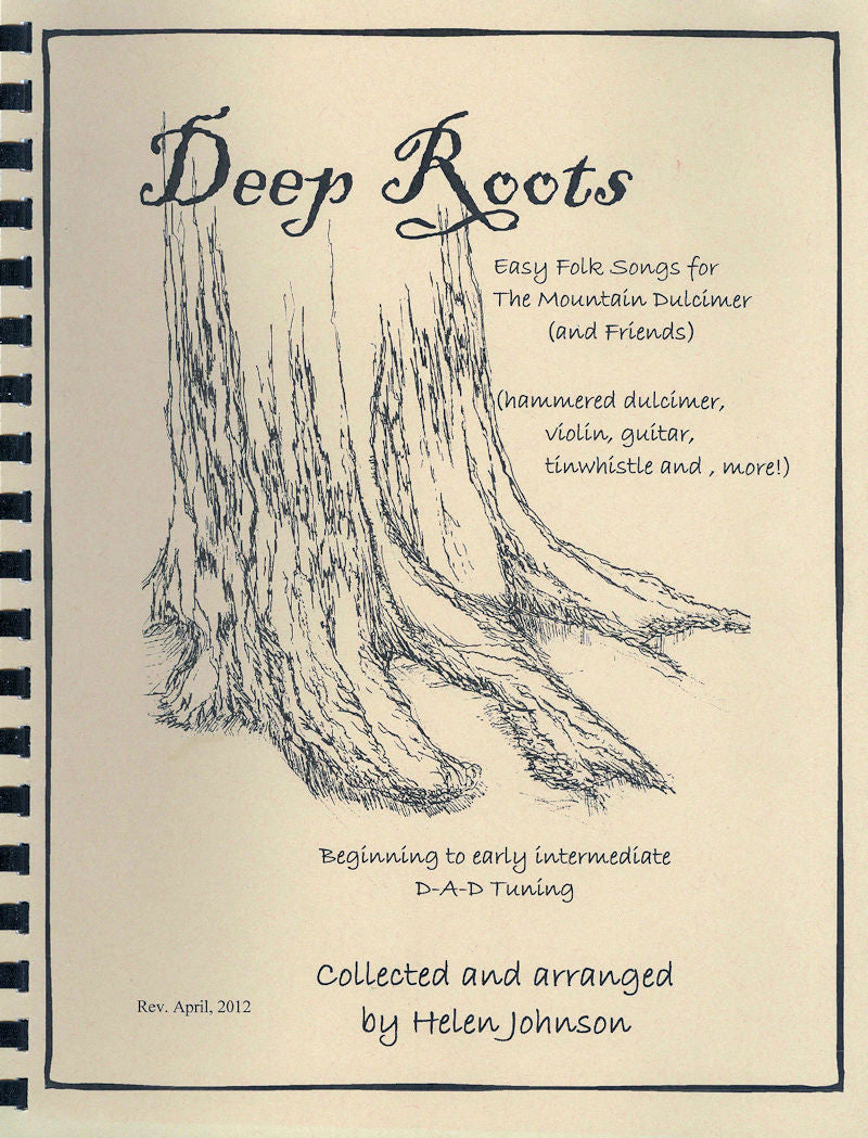 A cover of an instruction book titled "Deep Roots - by Helen Johnson" featuring an illustration of tree roots, listing suitable instruments like violin and guitar, and indicating it's for beginner to intermediate levels.
