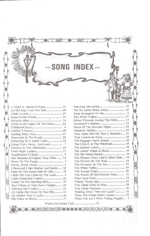 Index page of Lamplitin' Songs and Ballads with decorative borders and mountain ballads titles accompanied by their page numbers.