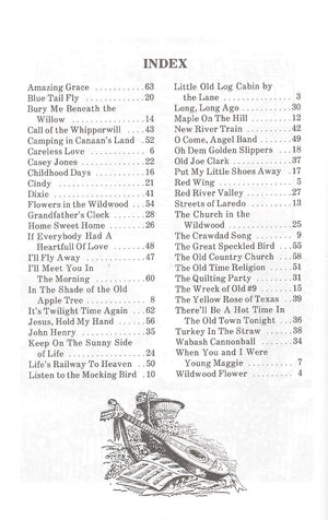 Sentence with product name: Image of America's Memory Valley index with old-time song titles and page numbers, text appears clear, showing titles like "amazing grace," "house of the rising sun," and "yankee doodle.