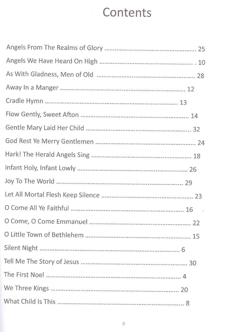 Table of contents for Christmas Duets by Larry Conger showing titles and corresponding page numbers.