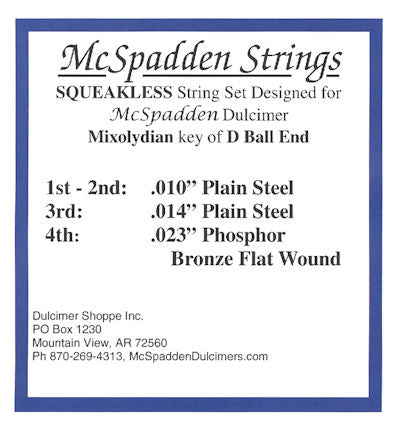 A product label for Squeakless String Set for Mixolydian D Ball End strings, advertising a squeakless string set designed for a McSpadden dulcimer in the tuning key of D, with details on string sizes and phosphor.