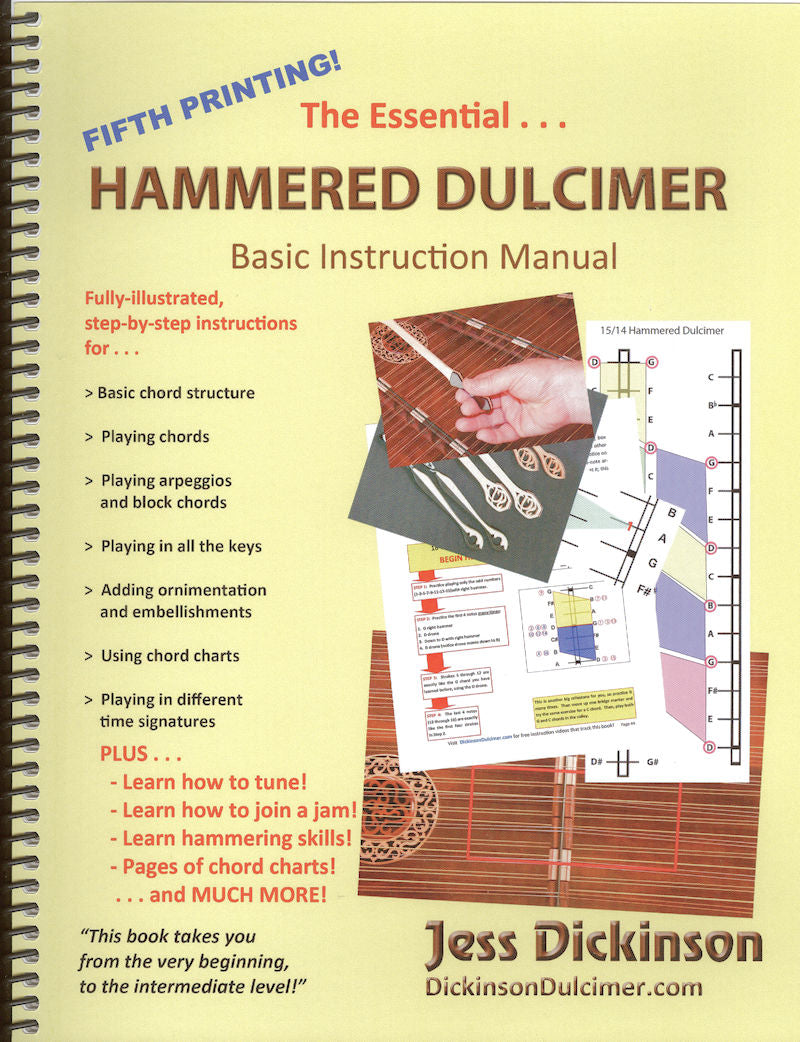 Cover of "The Essential Hammered Dulcimer Manual by Jess Dickinson" featuring text, chord structure, and a hand playing the instrument.