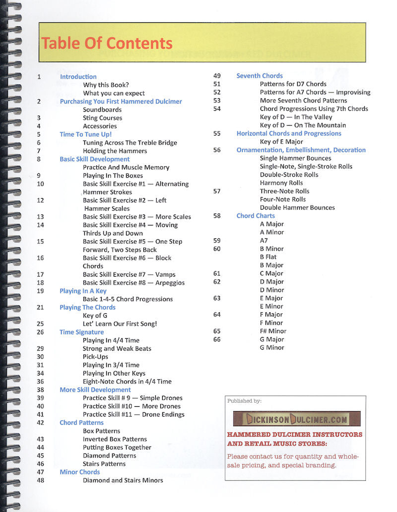 Table of contents from The Essential Hammered Dulcimer Manual by Jess Dickinson, listing chapters on various hammered dulcimer exercises and pieces, including playing arpeggios and chord charts, organized by skill level and type.