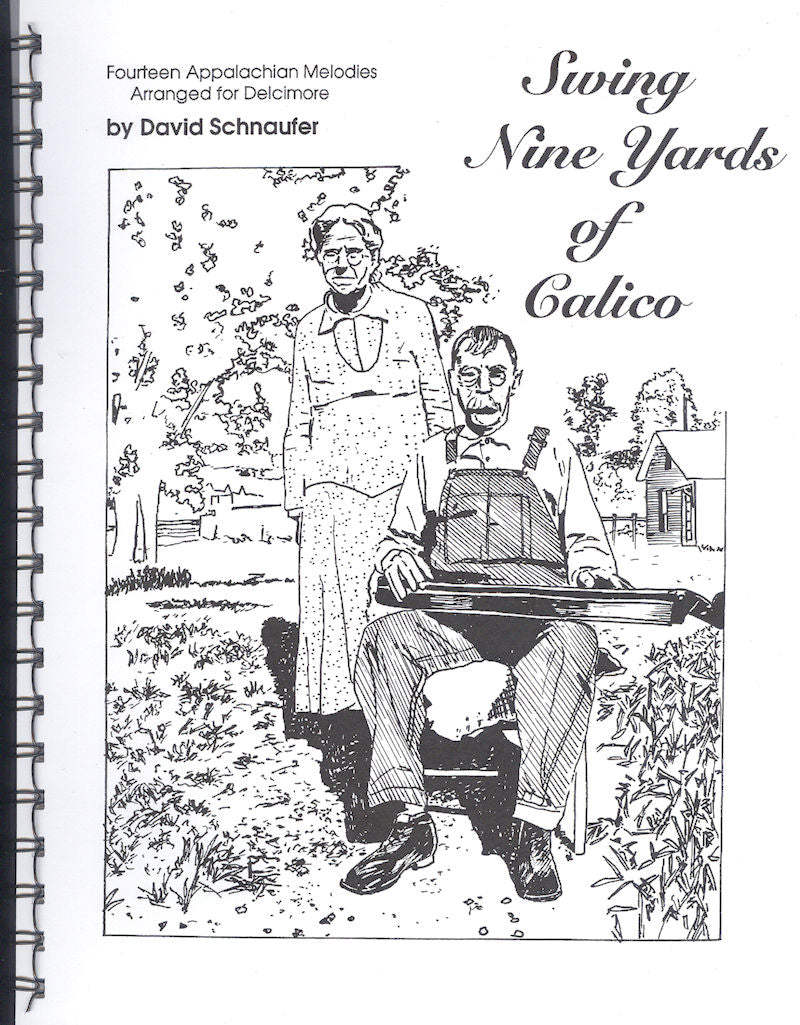 An illustration of an elderly couple in vintage clothing with a man sitting and playing the Swing Nine Yards of Calico with CD - by David Schnaufer in D-A-D tuning and a woman standing beside him, featured on sheet music titled "Swing Nine