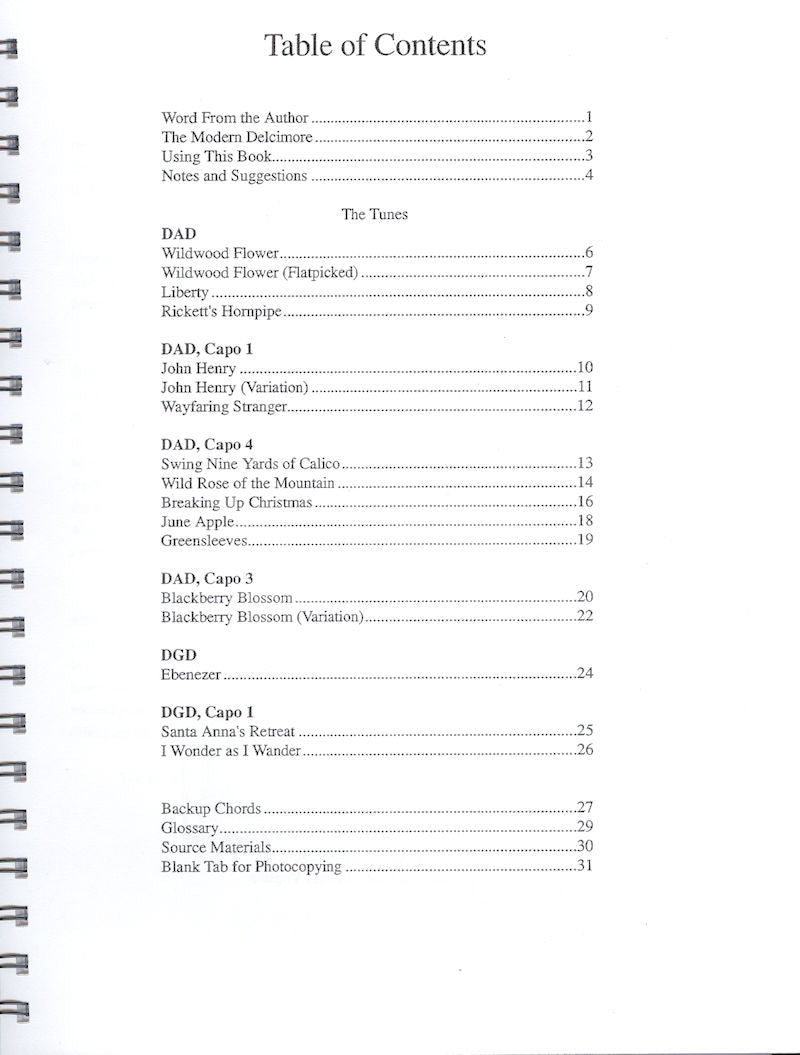 Table of contents from Swing Nine Yards of Calico with CD - by David Schnaufer displaying a list of tune titles along with corresponding page numbers and chord charts.