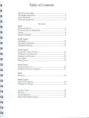 Table of contents from Swing Nine Yards of Calico with CD - by David Schnaufer displaying a list of tune titles along with corresponding page numbers and chord charts.