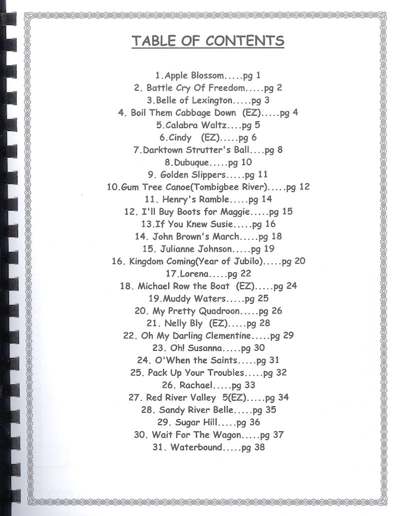 A table of contents for an easy to read tab book with 30 Tunes for the Banjo/Dulcimer featuring Red Dog Jam BookD-A-D songs.