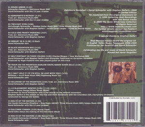 Back cover of Delcimore Revisited - by David Schnaufer and Jan Pulsford CD case, featuring a track list and credits, with two black and white photos of male musicians David Schnaufer and Jan Pulsford in the center.
