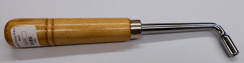 A wooden handle with a Gooseneck Wrench on it.