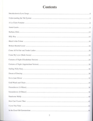Table of contents page listing song titles and their corresponding page numbers from 4 to 35, including "Introduction to Love Songs" on page 4 and "In the Good Old Summertime" on page 35, with complete lyrics featured for each track in **Love Songs for the Autoharp by Carol Stober**.
