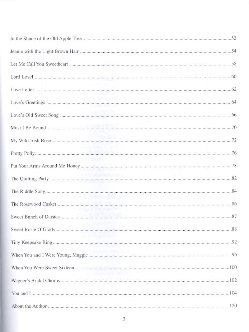 Table of contents listing song titles, complete lyrics, and page numbers, starting from "In the Shade of the Old Apple Tree" on page 52 to "You and I" on page 120. The last item is "About the Author" on page 124 in *Love Songs for the Autoharp by Carol Stober*.