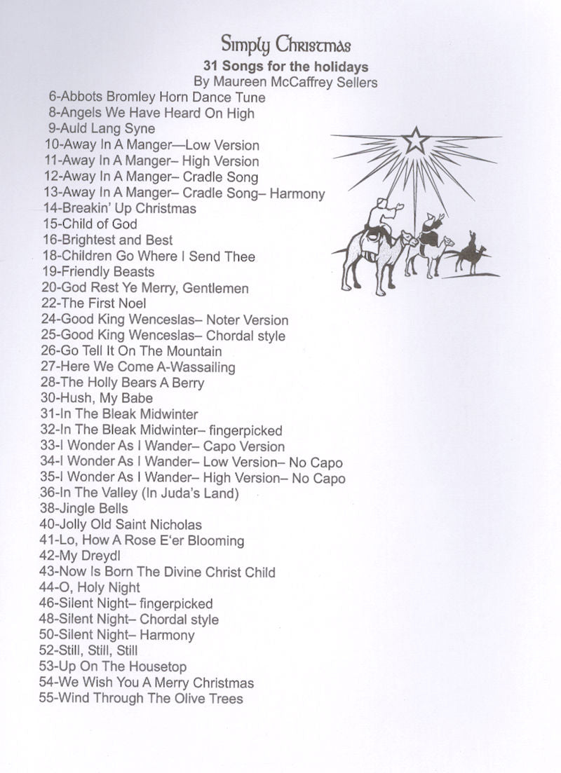 A sheet of paper with a list of holiday songs, including chords for playing on Simply Christmas - by Maureen Sellers.