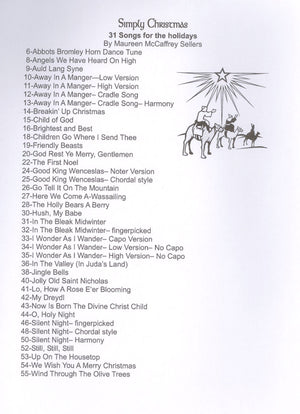 A sheet of paper with a list of holiday songs, including chords for playing on Simply Christmas - by Maureen Sellers.