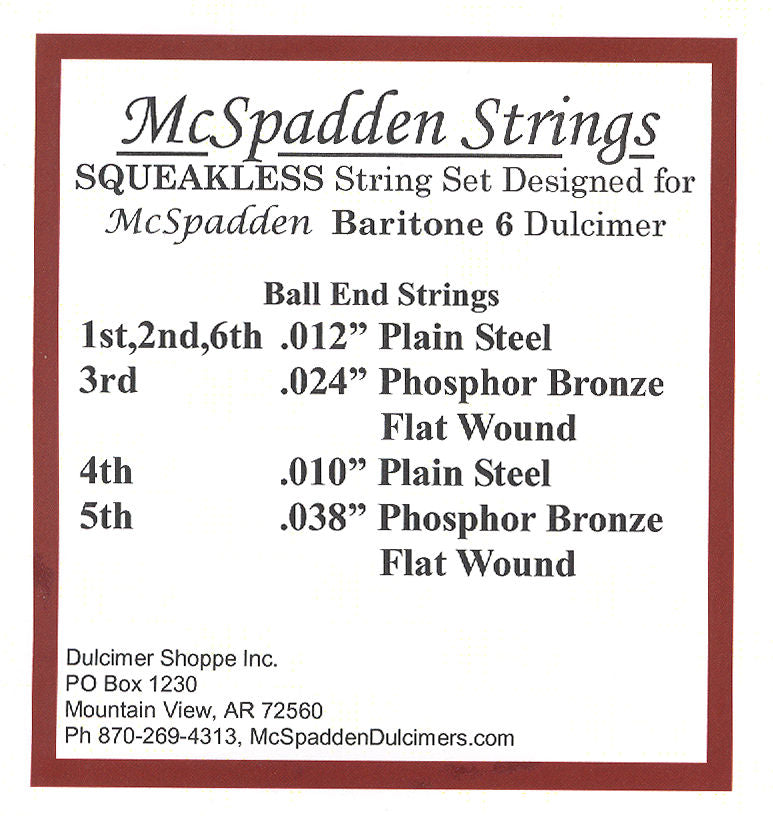 Ms Spaden has expertly strung a set of Squeakless String Set for Baritone 6 String Dulcimer winding strings. These high-quality strings are made of durable Phosphor Bronze Flat Wound material and feature a smooth and consistent tone.