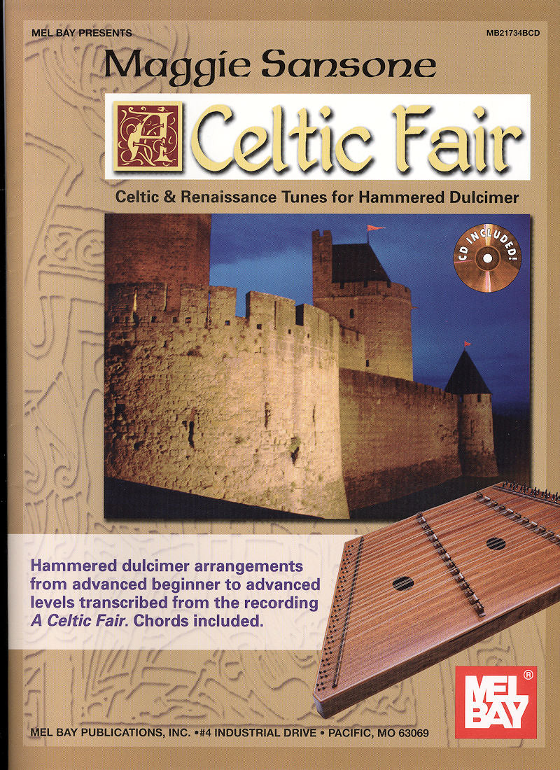 Cover of "Celtic Fair by Maggie Sansone" music book featuring an image of a castle, a hammered dulcimer, musical notes, and text about the book’s content.