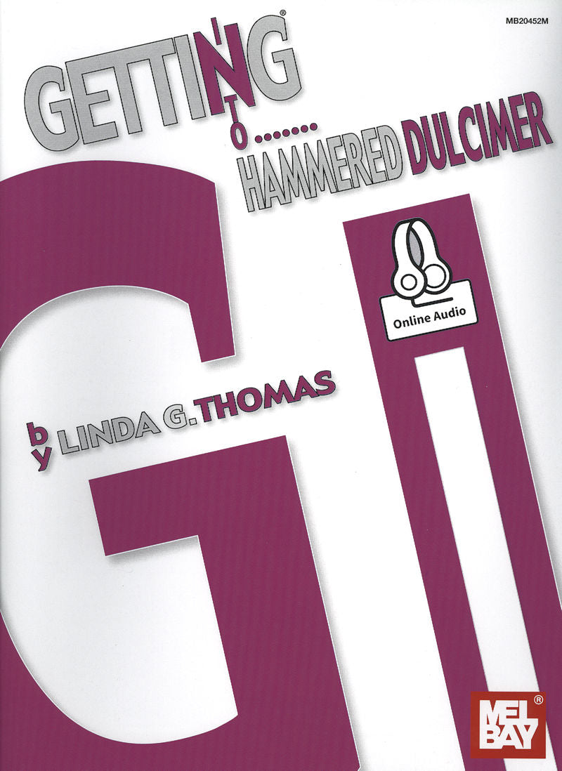 Cover of the book "Getting into Hammered Dulcimer" by Linda Thomas, featuring large pink and white typography with a small melody learning symbol at the top right corner.