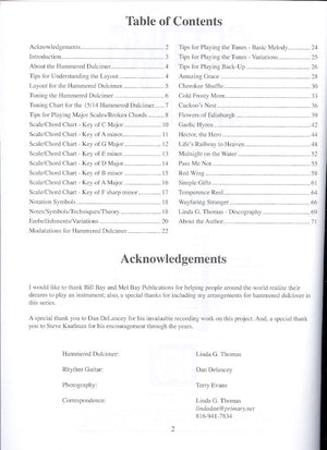 Image of a table of contents from "Getting into Hammered Dulcimer" by Linda Thomas, including chapters on scales, tuning tips, and guitar techniques.