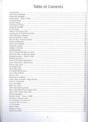 Image showing a page of Old-Time Hymns and Gospel Favorites for Mountain Dulcimer by Anne Lough containing dulcimer hymns in the Table of Contents with numbered chapter titles and corresponding page numbers.