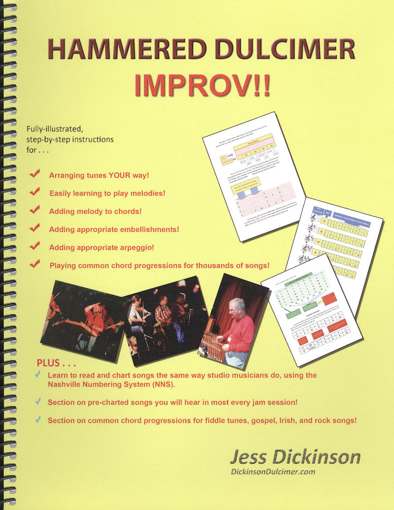Hammered Dulcimer IMPROV! book featuring song arrangements using the Nashville Numbering System - by Jess Dickinson.