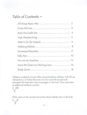 Image of a printed document titled "table of contents" listing various Many Songs of the Banjo-Mer song titles with corresponding page numbers and a note about rhythm indication at the bottom for intermediate players.