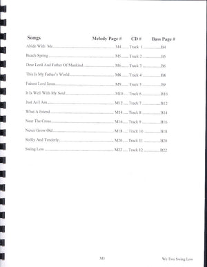 A scanned image of a hymns index page from "We Two Swing Low" by Judy Klinkhammer and Jim Woods, listing titles with corresponding melody, track, and bass page numbers for mountain dulcimer in DAD tuning.