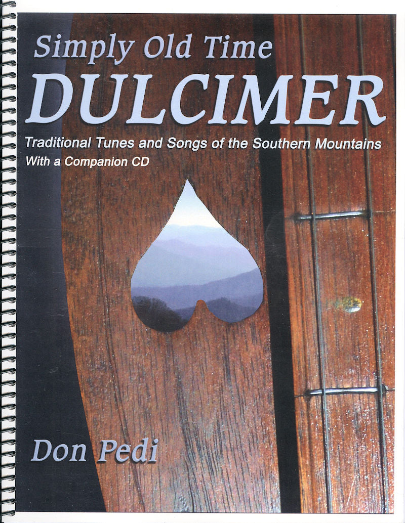 Book cover titled "Simply Old Time Dulcimer -by Don Pedi, featuring a dulcimer image and a CD symbol, highlighting traditional music.
