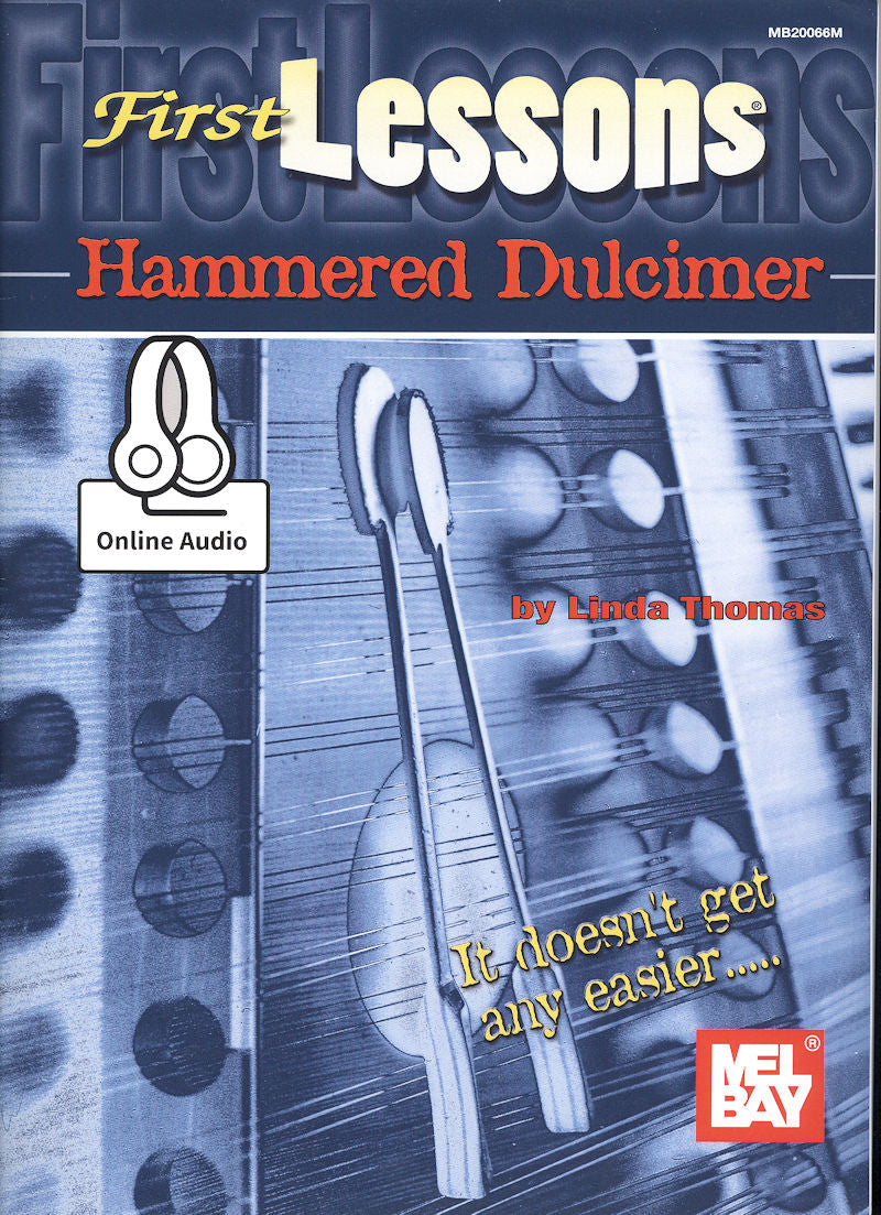 Cover of "First Lessons Hammered Dulcimer by Linda Thomas" featuring an image of a hammered dulcimer and mallets, with text highlighting online audio instructions.
