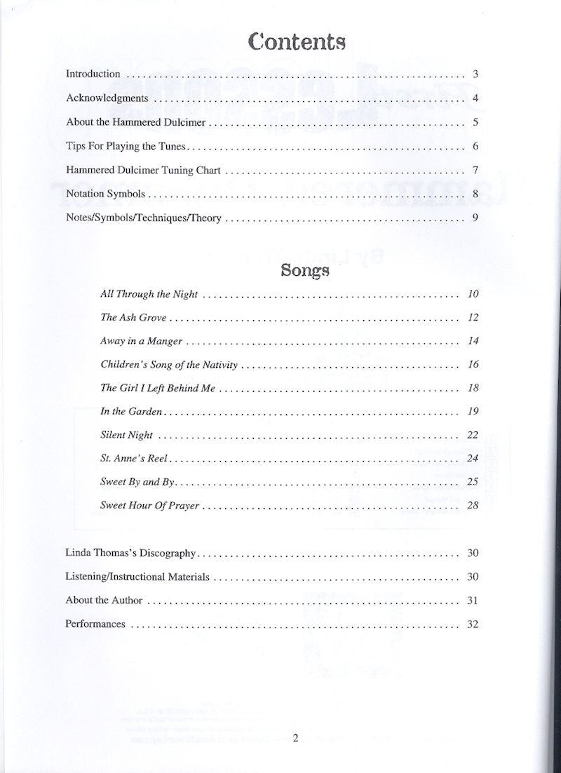 A scanned image of First Lessons Hammered Dulcimer by Linda Thomas's table of contents listing sections like Acknowledgments, Introduction, Notes for Symbols, Standard Notation, and various song titles with corresponding page numbers along with online audio instructions.