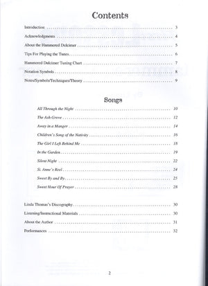 The contents of the First Lessons Hammered Dulcimer - by Linda Thomas, designed for beginning players, are shown on the page.