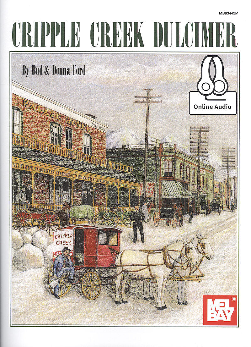 Book cover titled "Cripple Creek Dulcimer by Bud and Donna Ford" featuring a historical street scene with horses and a carriage, set in a snowy environment.
