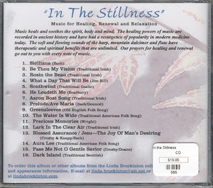 Image of the cd back cover for "In The Stillness - by Linda Brockinton" featuring a tracklist with song titles and origins for harp, a barcode, price tag, and contact email.