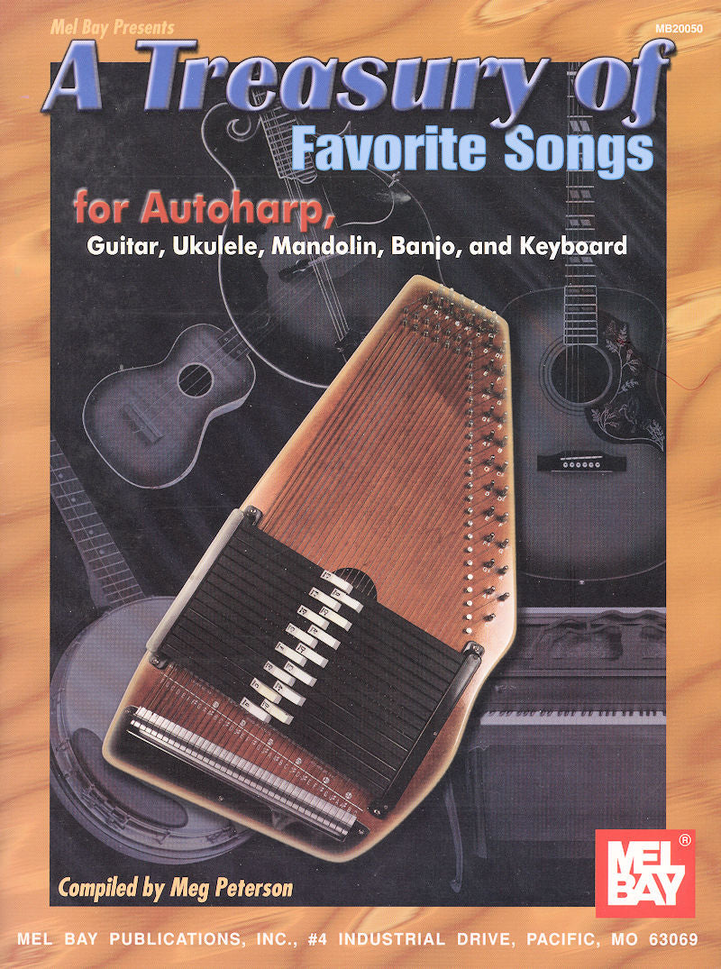 Cover of a music book titled "A Treasury of Favorite Songs for Autoharp by Meg Peterson" featuring an autoharp and musical instruments in the background along with lyrics and chords.