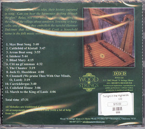The back of the Twilight in the Highlands - by Russell Cook CD cover for the world harp strings.