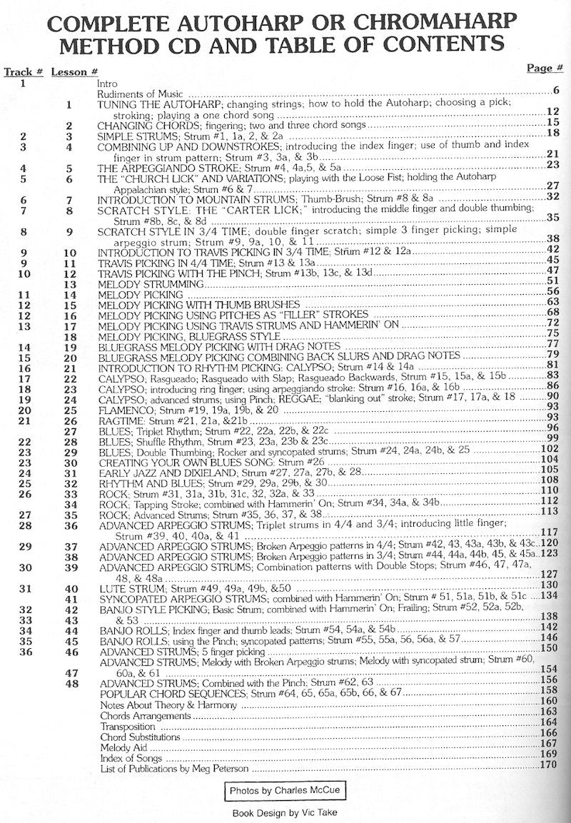 Table of contents for the "Complete Method for Autoharp or Chromaharp by Meg Peterson" CD, listing 49 lessons with tracks, titles, and page numbers. This instructional book covers topics from basic tuning to advanced techniques and song accompaniment, with online audio available for enhanced learning.