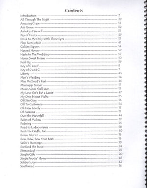Image shows a page titled "Contents" listing various chapter headings and their corresponding page numbers in Welcome to the Hammered Dulcimer by Anne Lough, including sections designed for the beginning player.