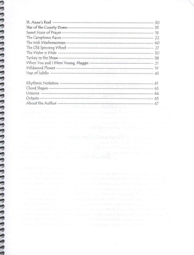 Index page from "Welcome to the Hammered Dulcimer by Anne Lough" with titles and corresponding page numbers, featuring literary works and authors, displayed in a clear, organized format, including an accompanying CD for the beginning Hammered Dulcimer player.