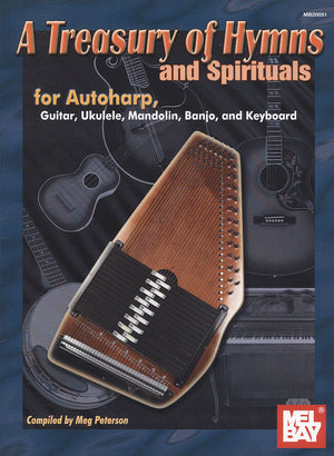 Book cover titled "A Treasury of Hymns and Spirituals for Autoharp by Meg Peterson," compiled by Meg Peterson.